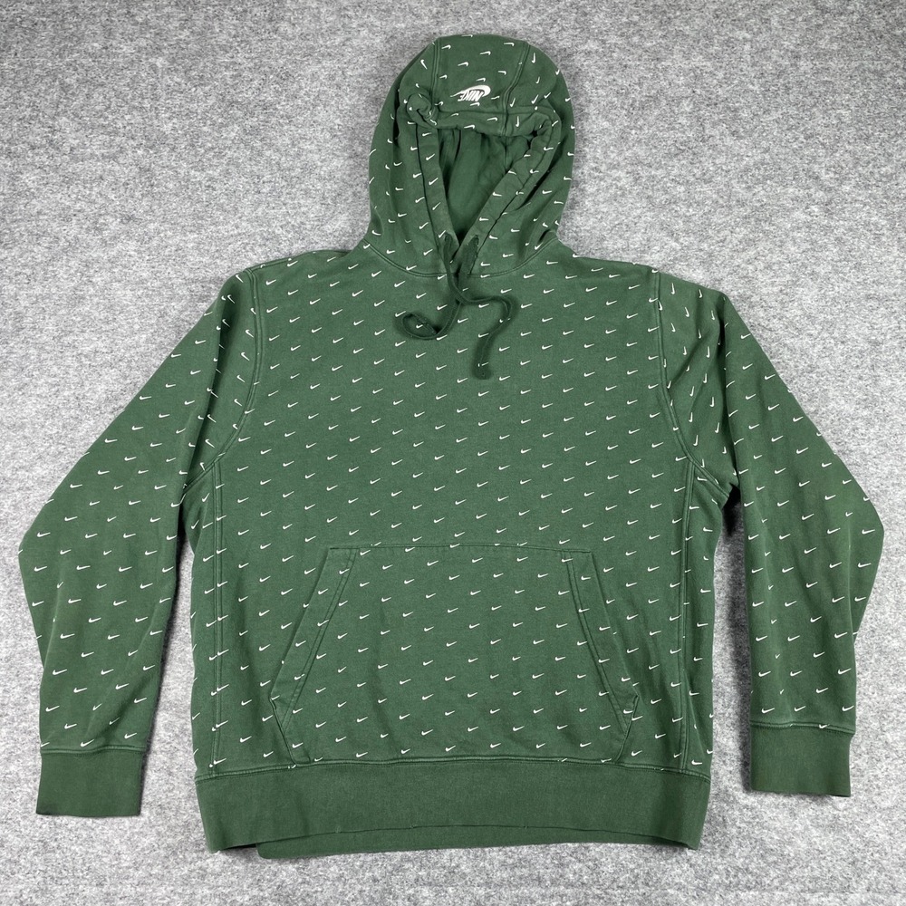 Nike Hoodie Mens Large Green All Over Swoosh Print Pullover Fleece Sweatshirt